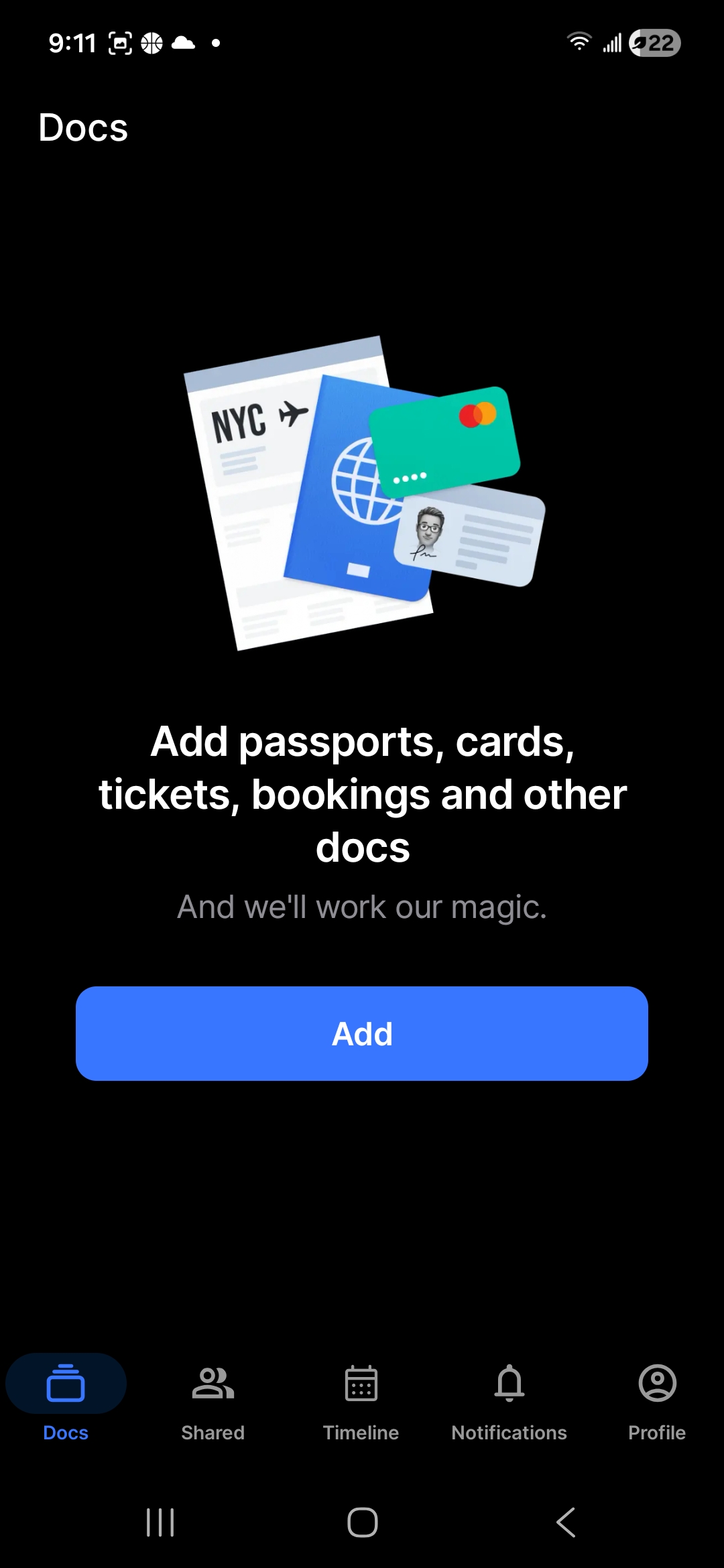 Add documents — passports, cards, tickets